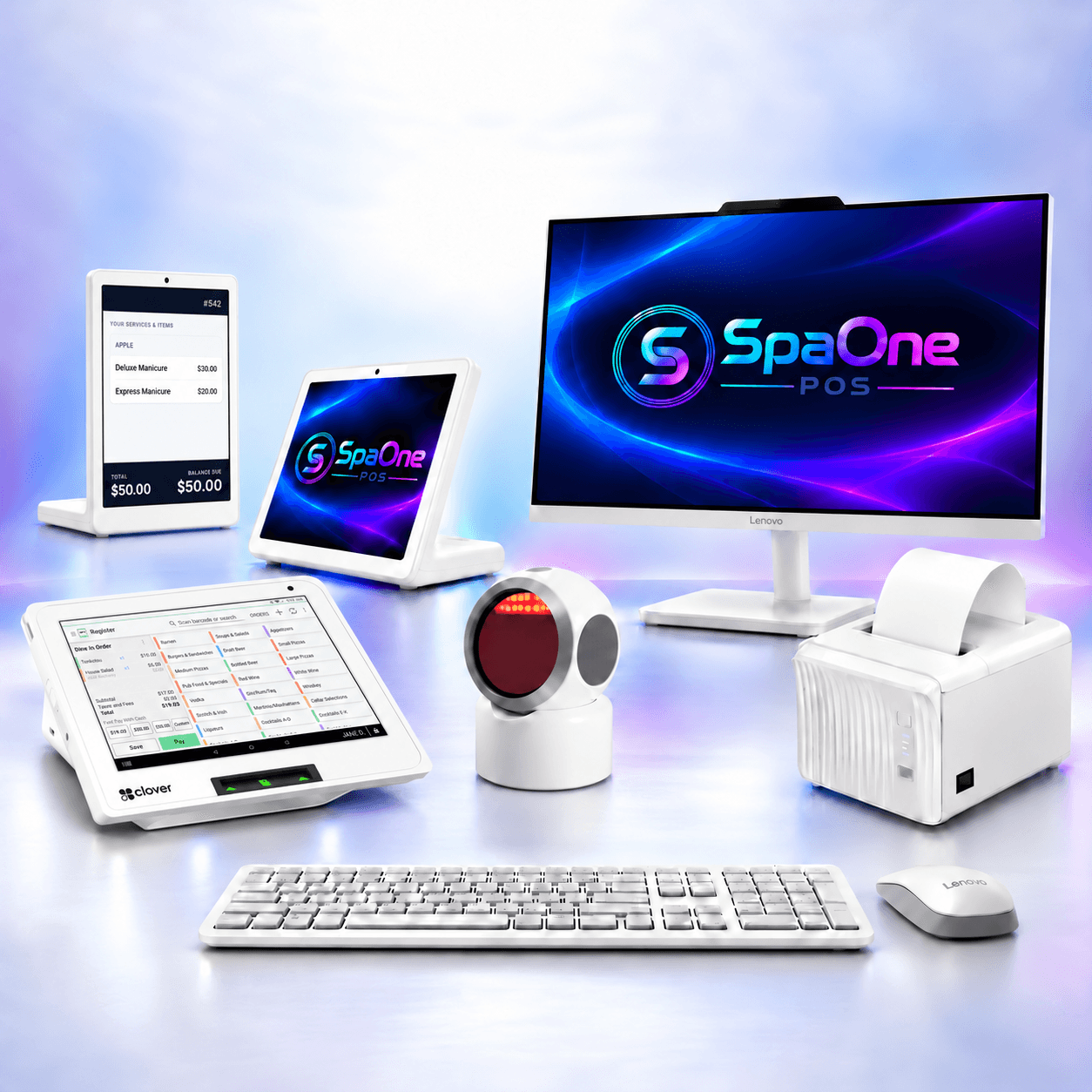 Complete SpaOne hardware package — customer-facing display, tablet register, all-in-one touchscreen, barcode scanner, receipt printer, and keyboard